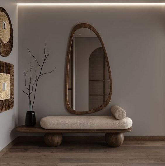 نیمکت چوبی و آینه مدرن